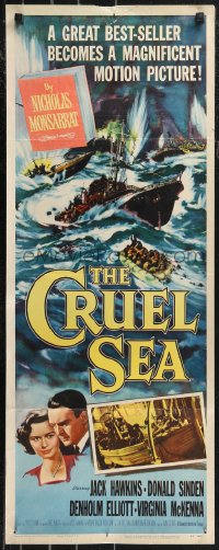 9w0188 CRUEL SEA insert 1953 art of ship captain Jack Hawkins with ships at sea during WWII battle!
