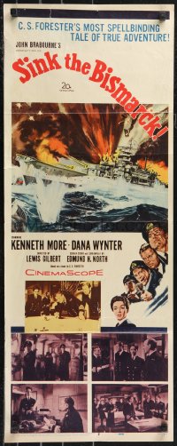 9w0206 SINK THE BISMARCK insert 1960 Kenneth More, great WWII clash of battleships art!