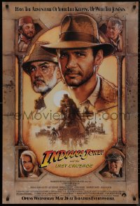 9w1233 INDIANA JONES & THE LAST CRUSADE advance 1sh 1989 Ford/Connery over brown background by Drew!