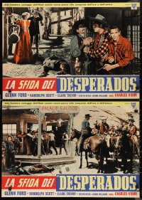 9w0558 DESPERADOES set of 8 Italian 19x27 pbustas R1958 cowboy Randolph Scott, Ford, Trevor, Keyes, different!