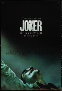 9w1253 JOKER int'l teaser DS 1sh 2019 close-up image of clown Joaquin Phoenix, put on a happy face!