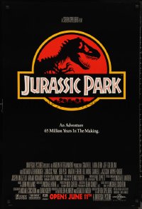9w1259 JURASSIC PARK advance 1sh 1993 Steven Spielberg, classic logo with T-Rex over red background