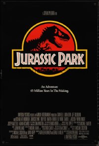 9w1260 JURASSIC PARK int'l 1sh 1993 Steven Spielberg, classic logo with T-Rex over red background