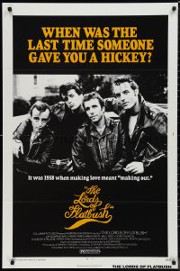 9w1289 LORDS OF FLATBUSH 1sh R1977 cool portrait of Fonzie, Rocky, & Perry as greasers in leather!