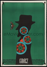 9w0826 IGROK Polish 23x33 1973 Aleksey Batalov, Flisak art of man w/roulette wheels & moth!
