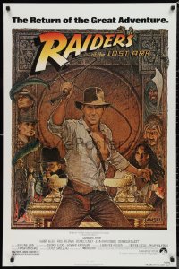 9w1364 RAIDERS OF THE LOST ARK 1sh R1982 great Richard Amsel art of adventurer Harrison Ford!
