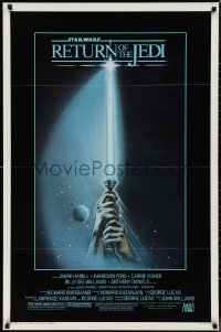 9w1377 RETURN OF THE JEDI 1sh 1983 George Lucas, art of hands holding lightsaber by Reamer!