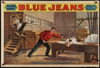 9w0319 BLUE JEANS 28x43 special poster 1890s stone litho of man about to be bisected by sawblade!