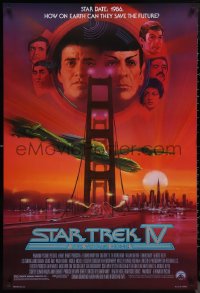 9w1423 STAR TREK IV 1sh 1986 art of Leonard Nimoy, Shatner & Klingon Bird-of-Prey by Bob Peak!