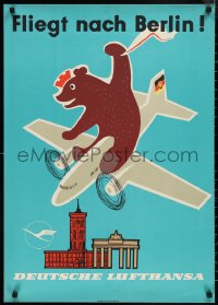 9w0011 DEUTSCHE LUFTHANSA 23x33 East German travel poster 1959 bear riding on an airplane!