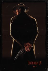 9w1468 UNFORGIVEN teaser DS 1sh 1992 image of gunslinger Clint Eastwood w/back turned, dated design!