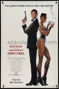9w1470 VIEW TO A KILL advance 1sh 1985 art of Roger Moore & Jones by Goozee over white background!