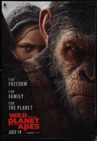 9w1474 WAR FOR THE PLANET OF THE APES style B teaser DS 1sh 2017 close-up of Caesar and Amiah Miller!