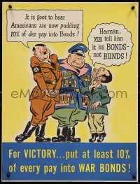9w0096 FOR VICTORY... 17x22 WWII war poster 1942 cartoon art of Hitler, put 10% into war bonds!
