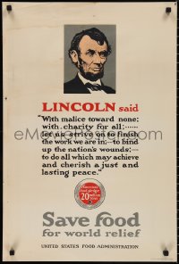 9w0095 SAVE FOOD FOR WORLD RELIEF 20x30 WWI war poster 1910s President Abraham Lincoln quote!