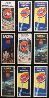 9x0718 LOT OF 9 GULF GAS STATION MAPS 1950s New York City, Florida, Kansas, Oklahoma & more!