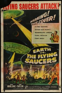 9y1552 EARTH VS. THE FLYING SAUCERS 1sh 1956 Ray Harryhausen classic, cool art of UFOs & aliens!
