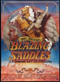 9y1791 BLAZING SADDLES French 1p 1975 classic Mel Brooks western, art of Cleavon Little on horse!
