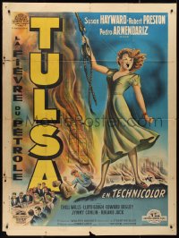 9y2082 TULSA French 1p 1950 different art of Susan Hayward & Oklahoma oil fields on fire, rare!