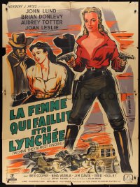 9y2108 WOMAN THEY ALMOST LYNCHED French 1p 1954 art of sexy gunfighter Audrey Totter by Dargouge!