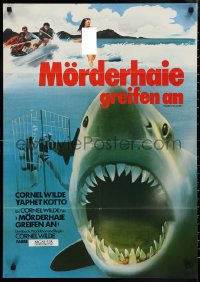 9y0403 SHARKS' TREASURE German 1976 cool photo of scuba divers in cage attacked by shark!