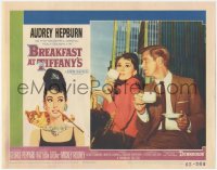 9y0577 BREAKFAST AT TIFFANY'S LC #7 1961 Audrey Hepburn & George Peppard drinking coffee & smoking!