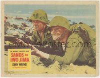 9y0811 SANDS OF IWO JIMA LC #7 1950 WWII Marine John Wayne on beach w/ gung ho soldier John Agar!