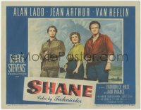 9y0823 SHANE LC #6 1953 posed studio portrait of Alan Ladd, Jean Arthur & Van Heflin with guns!