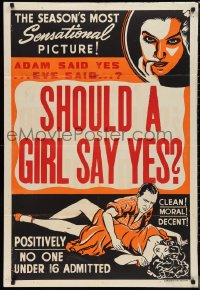 9y1700 SHOULD A GIRL SAY YES 1sh 1948 great art of guy seducing beautiful girl on ground, rare!