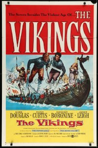 9y1740 VIKINGS 1sh 1958 art of Kirk Douglas, Tony Curtis & sexy Janet Leigh on long ship!