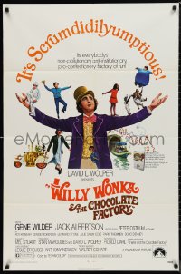9y1750 WILLY WONKA & THE CHOCOLATE FACTORY 1sh 1971 Gene Wilder, it's scrumdidilyumptious!