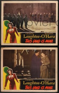 9y1061 THIS LAND IS MINE 3 LCs 1943 Maureen O'Hara fights Nazis, Charles Laughton, Jean Renoir!