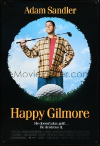 9z1307 HAPPY GILMORE 1sh 1996 image of Adam Sandler, he doesn't play, he destroys golf!