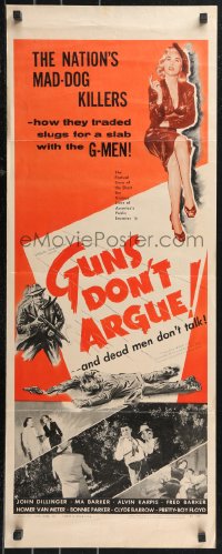 9z0810 GUNS DON'T ARGUE insert 1957 G-men vs Dillinger, gangsters & sexy smoking girl!