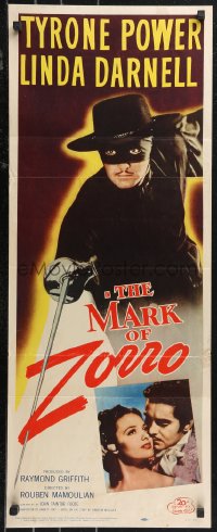 9z0836 MARK OF ZORRO insert R1958 masked hero Tyrone Power in costume & with young Linda Darnell!