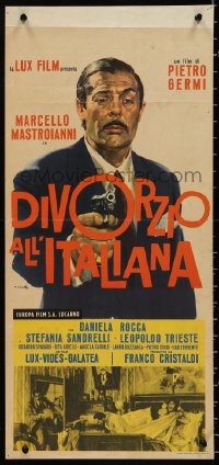 9z0496 DIVORCE - ITALIAN STYLE Italian locandina 1962 Ciriello art of Mastroianni w/gun!