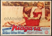 9z0579 NIAGARA Italian 14x19 pbusta 1953 sexy Marilyn Monroe in red dress & famous waterfall, rare!