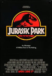 9z1342 JURASSIC PARK advance 1sh 1993 Steven Spielberg, classic logo with T-Rex over red background