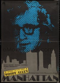 9z0935 MANHATTAN Polish 27x38 1980 Andrzej Pagowski art of Woody Allen & NYC skyline!