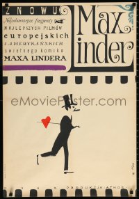 9z0994 LAUGH WITH MAX LINDER Polish 22x33 1965 cool Jerzy Flisak art of man on film strip!
