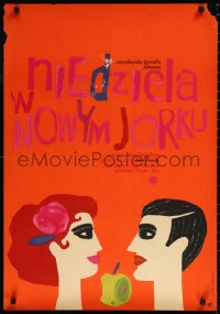 9z1034 SUNDAY IN NEW YORK Polish 23x33 1967 Taylor & Jane Fonda w/apple by Maria Mucha Ihnatowicz!