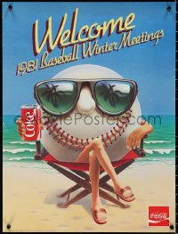 9z0155 COCA-COLA 18x24 special poster 1981 Welcome Baseball Winter Meetings, wacky ball on beach!