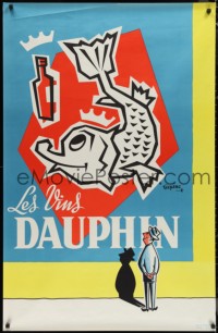 9z0273 LES VINS DAUPHIN 31x47 French advertising poster 1950s art of a man and fish wearing crown!
