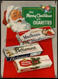 9z0277 SAY MERRY CHRISTMAS WITH CIGARETTES 19x26 advertising poster 1950s art of Santa & cigs!