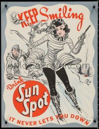 9z0281 SUN SPOT 17x22 advertising poster 1950s woman on snow skis waving at man she knocked down!