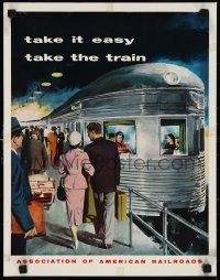 9z0220 ASSOCIATION OF AMERICAN RAILROADS 14x18 travel poster 1960s art of people boarding trains!