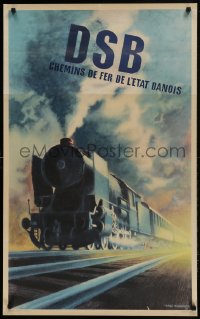 9z0089 DSB Danish 24x39 travel poster 1950 great Aage Rasmussen artwork of locomotive & train!