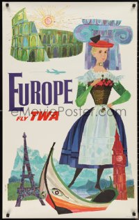 9z0224 TWA EUROPE 25x40 travel poster 1960s cool Klein artwork of woman & destinations!