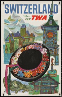 9z0225 TWA SWITZERLAND 25x40 travel poster 1960s wonderful art of hat & landmarks by David Klein!