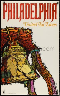 9z0229 UNITED AIRLINES PHILADELPHIA 25x40 travel poster 1968 Jebary artwork of Liberty Bell!